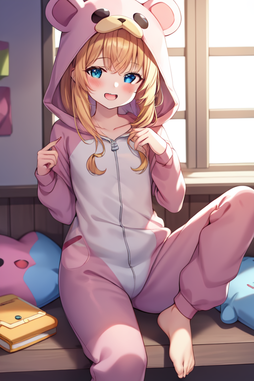 onesie, solo, 1girl, looking at viewer, long sleeves, blush, smile, open mouth, barefoot, long hair, blue eyes